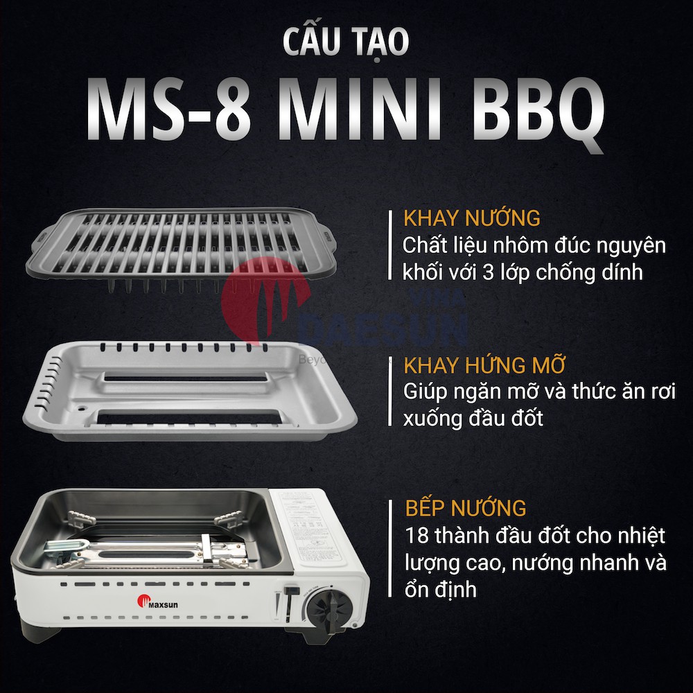 Bếp Nướng Ga Không Khói, Chống Dính MS-8 Mini BBQ - Công suất 2300W | Thoát Dầu Mỡ Tự Động | Bảo Hành 12T Chính Hãng