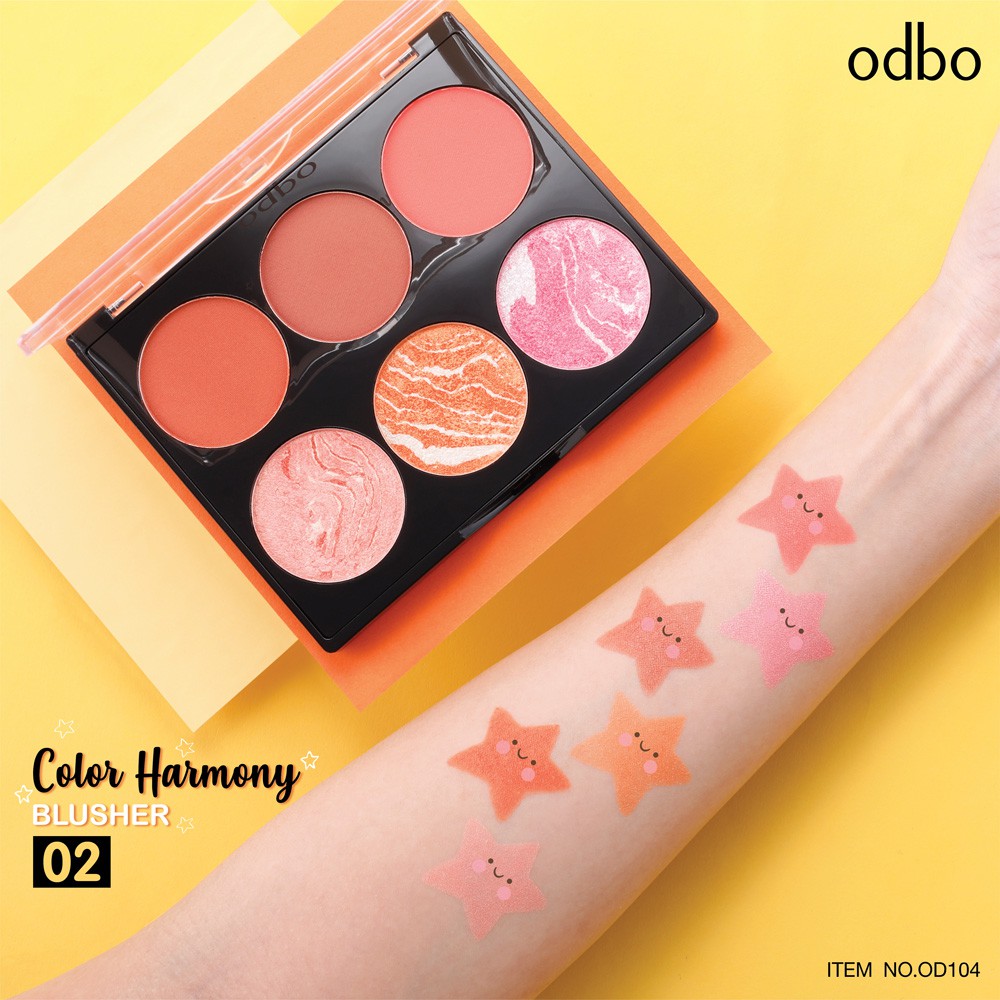 [Auth Thái] Phấn Má Hồng Odbo Có Nhũ Tông Cam Cháy Color Harmony OD104 No.02 - Má Hồng Odbo Tông Cam 6 Ô