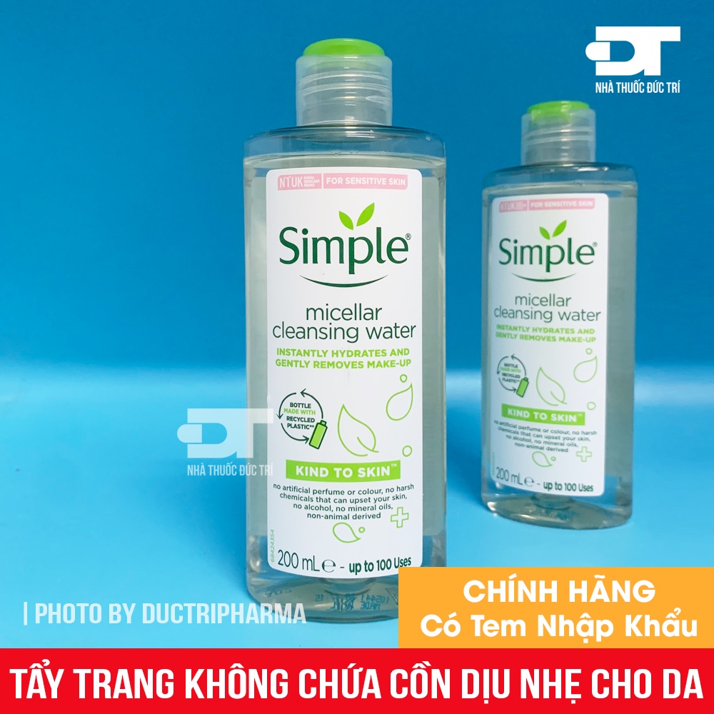 Nước tẩy trang dịu nhẹ không chứa cồn Simple Kind to Skin Micellar Cleansing Water 200ml