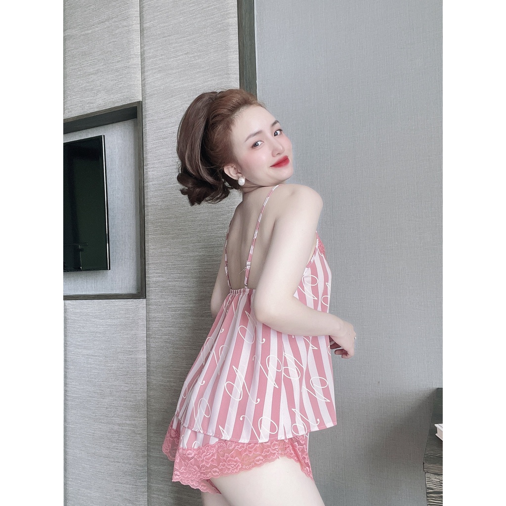Váy Ngủ Sexy, Đồ Ngủ Sexy Bộ Mango Phối Ren Dọc FreeSize Dưới 65Kg