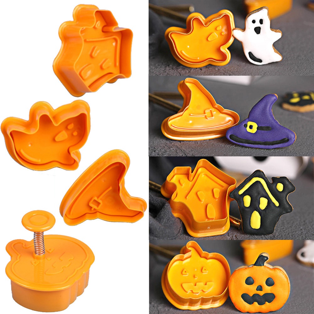 Set 4 khuôn nhựa làm bánh hình bí ngô / ma halloween độc đáo tiện dụng