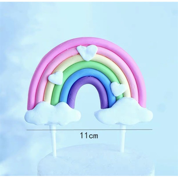 Trang trí cầu vồng hồng + tim, mây_Phụ kiện trang trí bánh sinh nhật