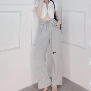 SET ÁO CROPTOP LEN TRẮNG DÂY KÉO NGỰC QUẦN SUÔNG RÁCH XÁM KÈM ẢNH THẬT