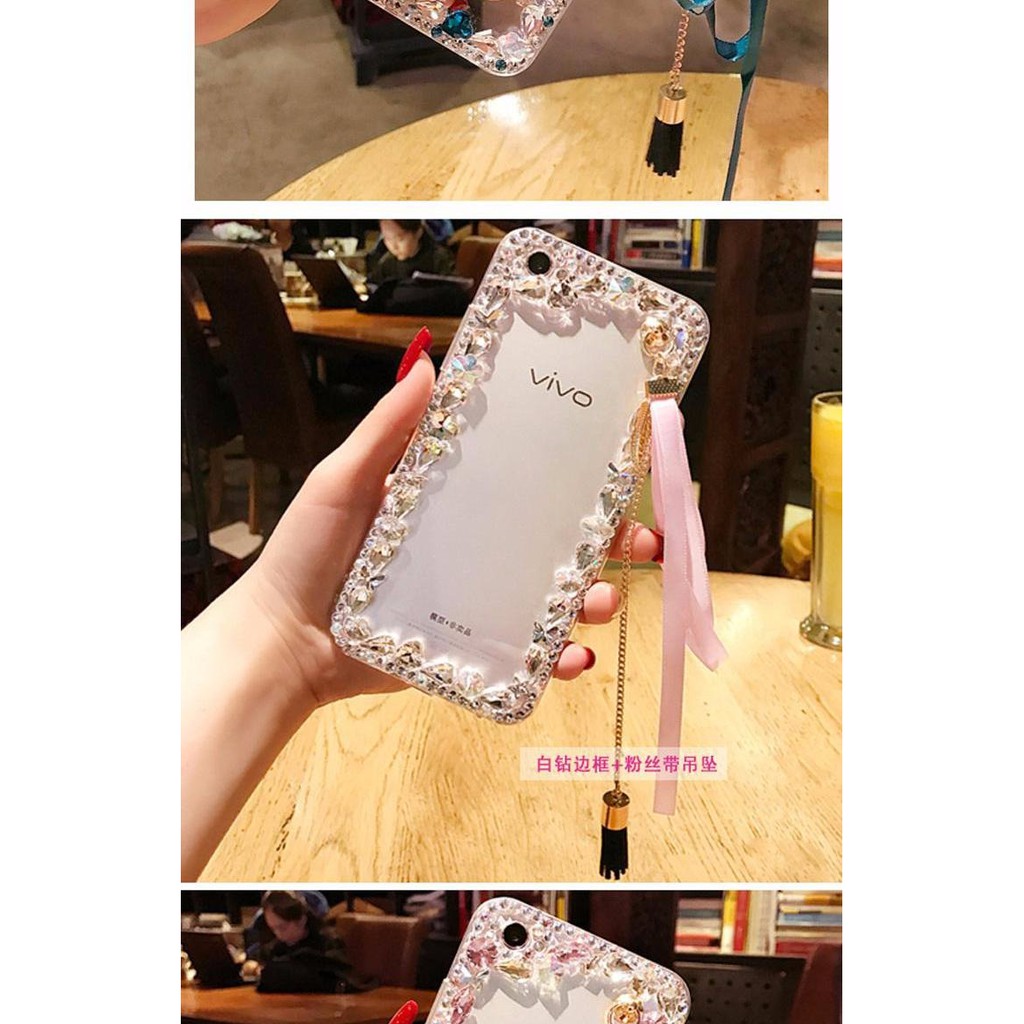Ốp Điện Thoại Mặt Kính Viền Đính Đá Kèm Dây Ruy Băng Cho Samsung S23 S21 S20 Note 20 Ultra Plus FE A14 A54 5G