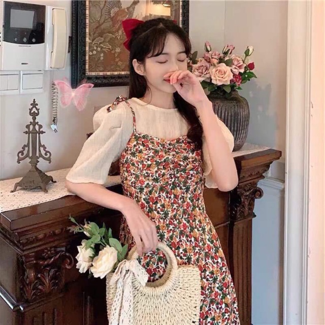 Set yếm hoa 2 dây + sơ mi tay bồng