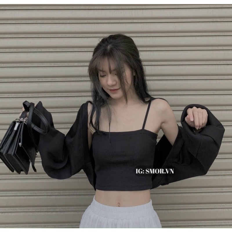 Set áo caridigan kèm áo 2 dây croptop trắng vải thun borip - C0N