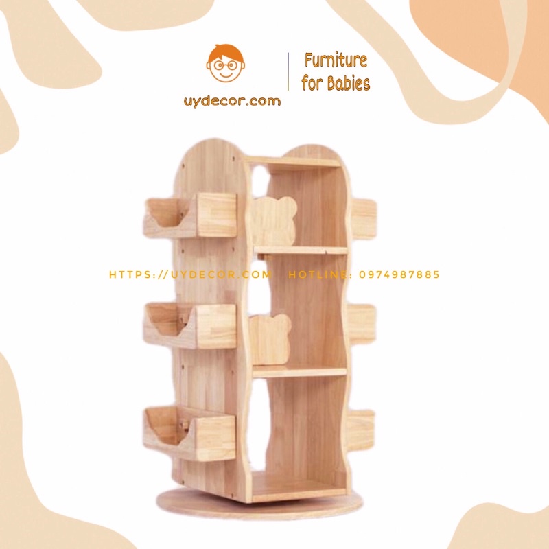 Giá Sách Cho Bé, Kệ Sách Cho Bé Uydecor, Kệ Xoay 360 Độ Gỗ Tự Nhiên Cao Cấp Loại 1 D60 x R60 x C105 cm
