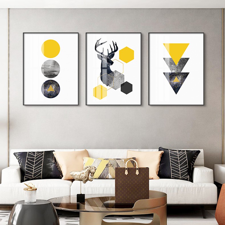 Tranh canvas Bắc Âu trừu tượng hình học elk ba tranh sơn trang trí phòng khách sofa phòng ăn bức tranh tường phòng ngủ