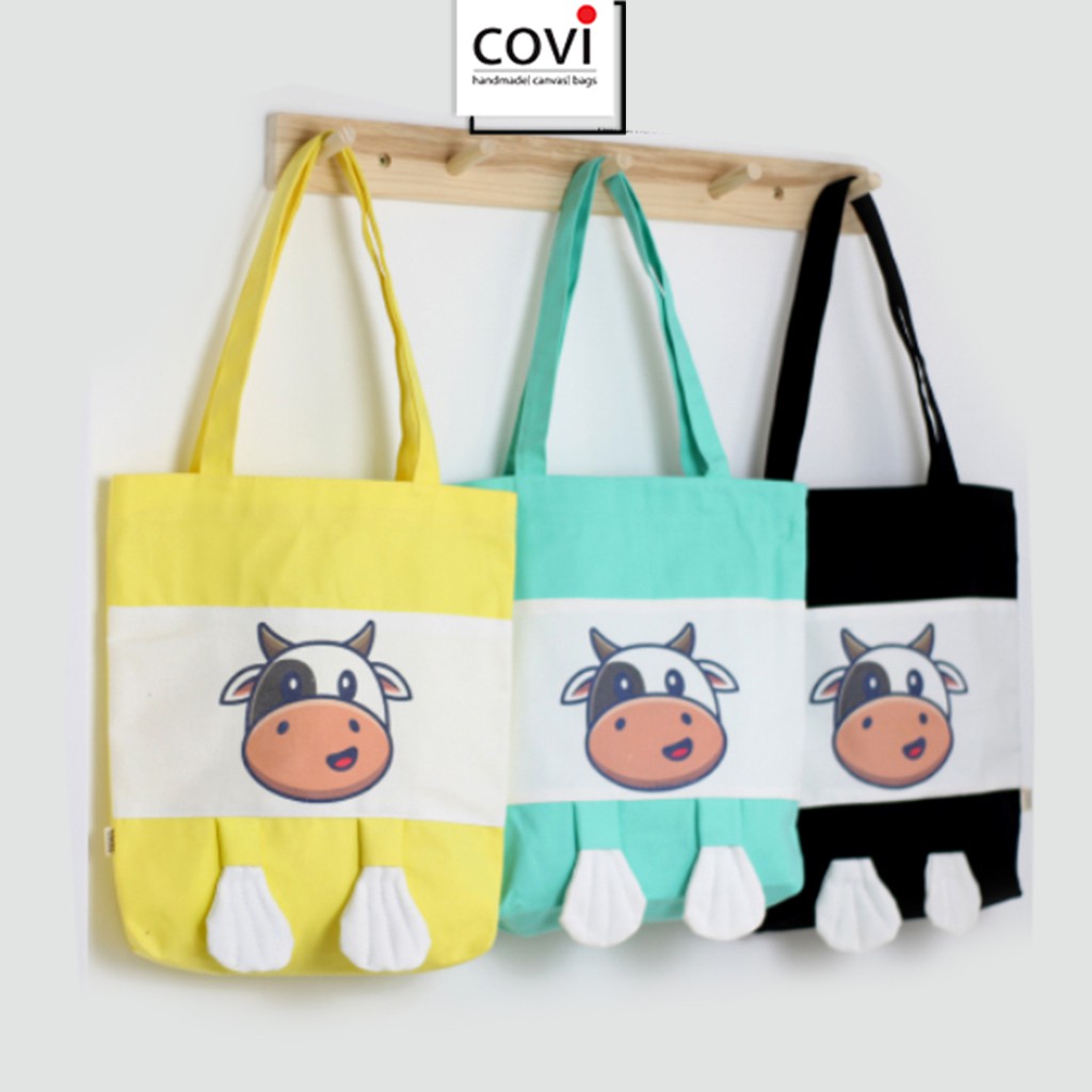 Túi vải tote, vải canvas, vải bố Hàn Quốc phối hình in con bò 2 chân thời trang COVI nhiều màu sắc T20