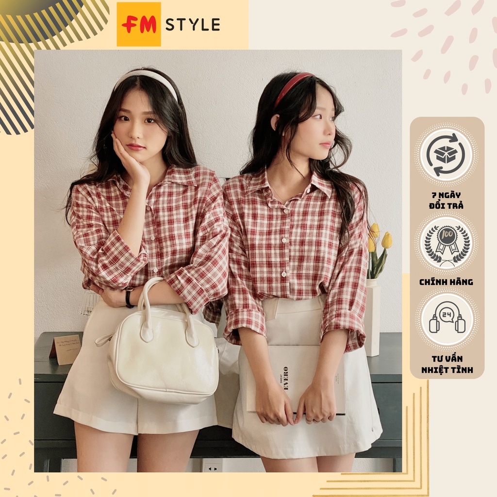 Áo sơ mi caro nữ form rộng Unisex | Áo sơ mi caro tay dài thời trang cho nữ phong cách Hàn Quốc | Fm