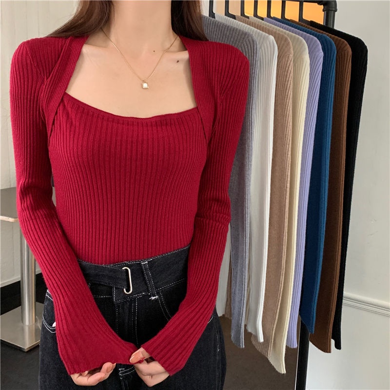 Áo dệt kim tay dài cổ vuông màu trơn phong cách Hàn Quốc thời trang quyến rũ