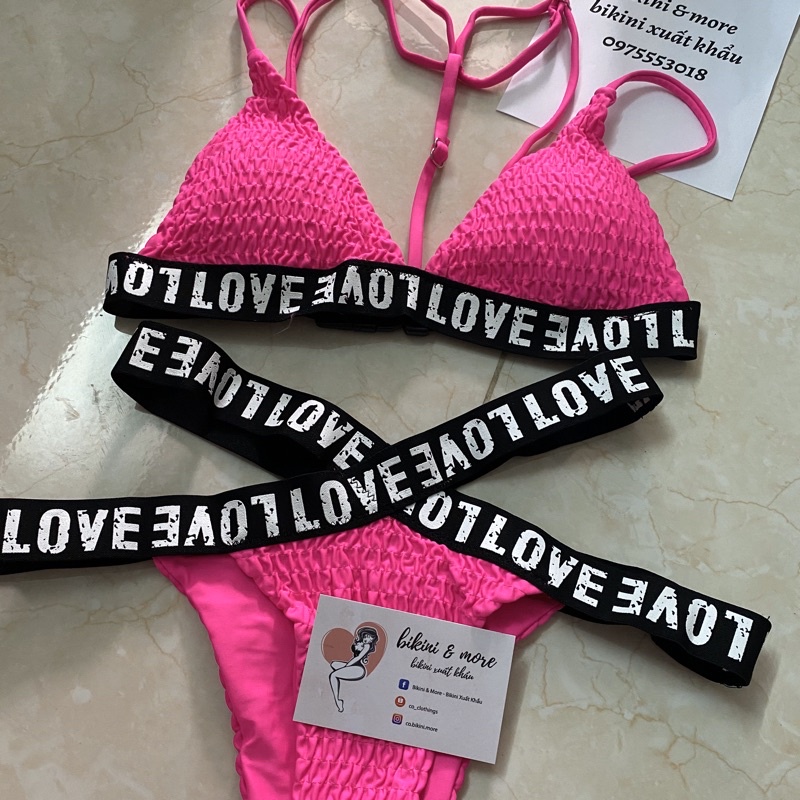 [BKN1083] &lt;ÂU&gt; SET BIKINI HỒNG NEON VẢI NHÚN CẠP CHỮ LOVE