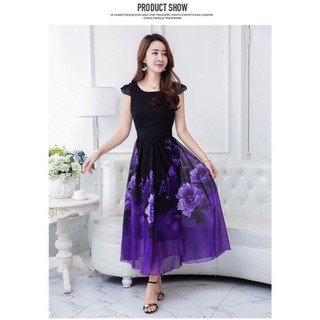 Đầm maxi hoa cổ tròn sang chảnh QC