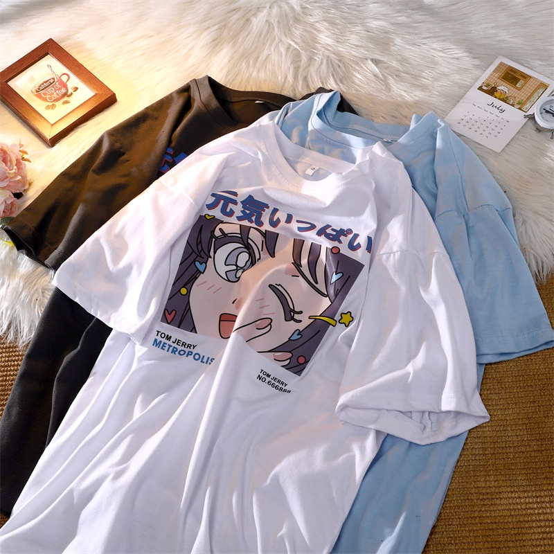 Áo Thun Tay Ngắn Cổ Tròn In Họa Tiết Anime Phong Cách Retro Nhật Bản Cho Nữ