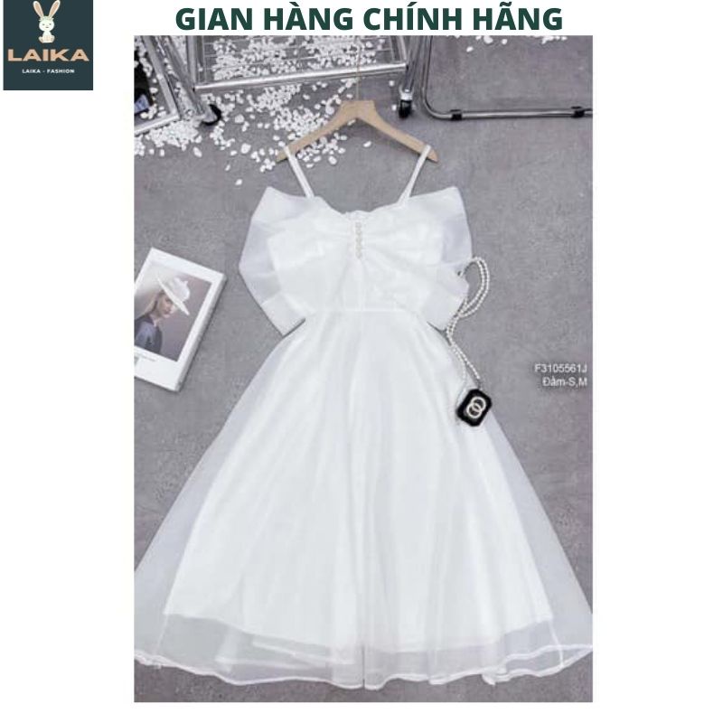 Váy nữ trễ vai hai dây thiết kế nơ ngực đính ngọc xoè sang chảnh, quý phái phù hợp dạo phố đi tiệc - LAIKA