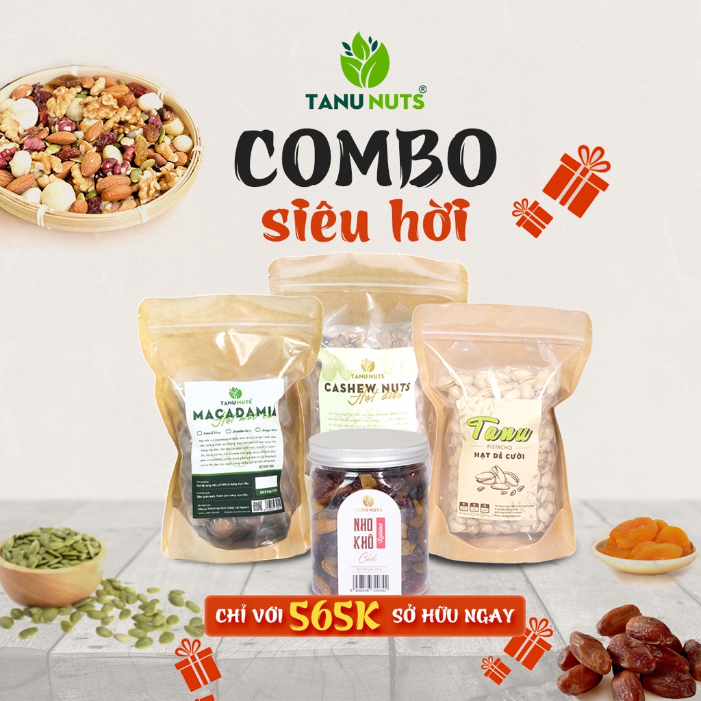 Combo siêu hời gồm hạt macca nứt vỏ, hạt điều nguyên vỏ, dẻ cười, nho khô 3 màu TANU NUTS