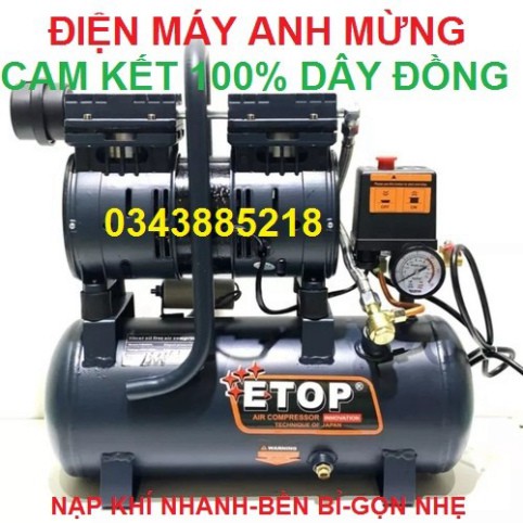 Máy nén khí Mini Etop Thái Lan loại 9 lít, máy nén khí không dầu máy vận hành cực kỳ êm, không tiếng ồn, lên hơi nhanh