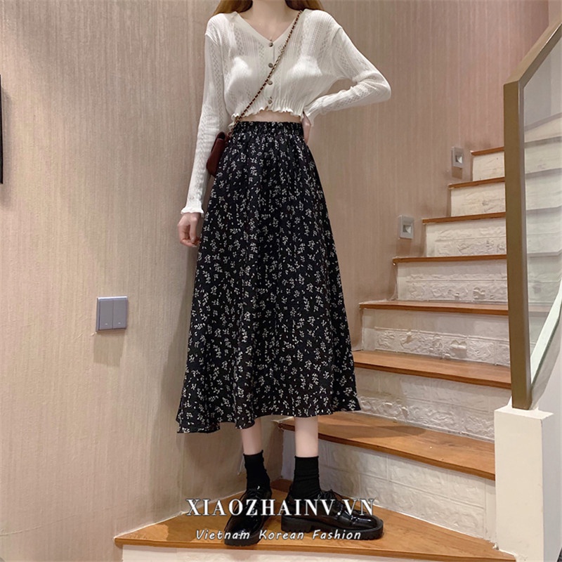 Chân váy maxi lưng cao dáng rộng in hoa kiểu Hàn Quốc thời trang cho nữ