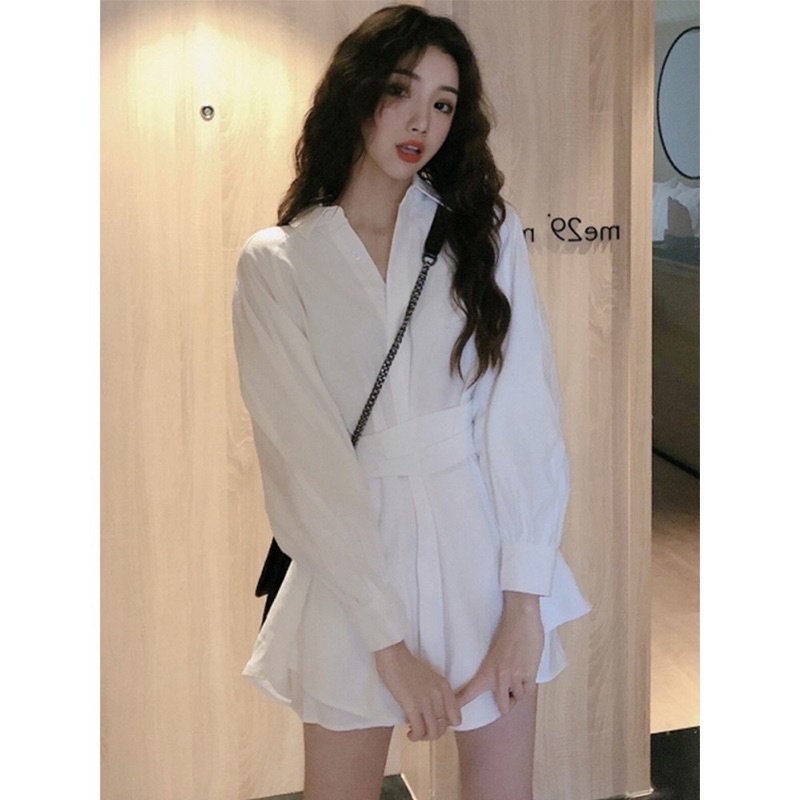 Sét Đồ Hàn Quốc Áo Váy Sơ Mi Buộc Eo Kèm Quần, Sét Đồ Nữ Thanh Lịch Bánh Bèo Chan House