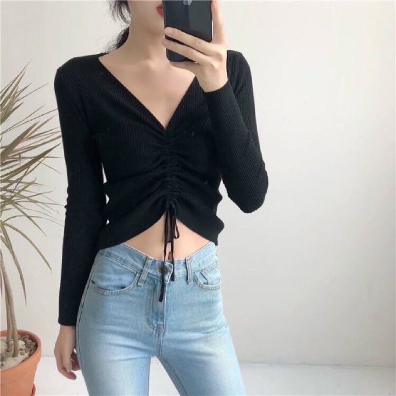 [Mã FAMARAL2 giảm 10K đơn 50K] Áo tay dài croptop rút dây cổ tim trẻ trung năng động