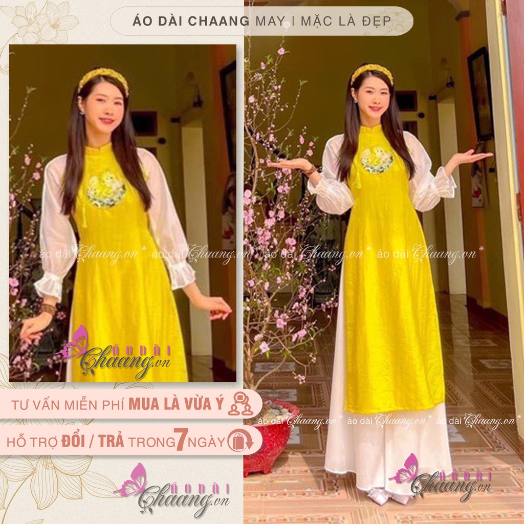 Áo dài cách tân nữ lụa tây thi vàng tay tơ nhũ CHAANG May thiết kế họa tiết dự tiệc lễ tết đẹp
