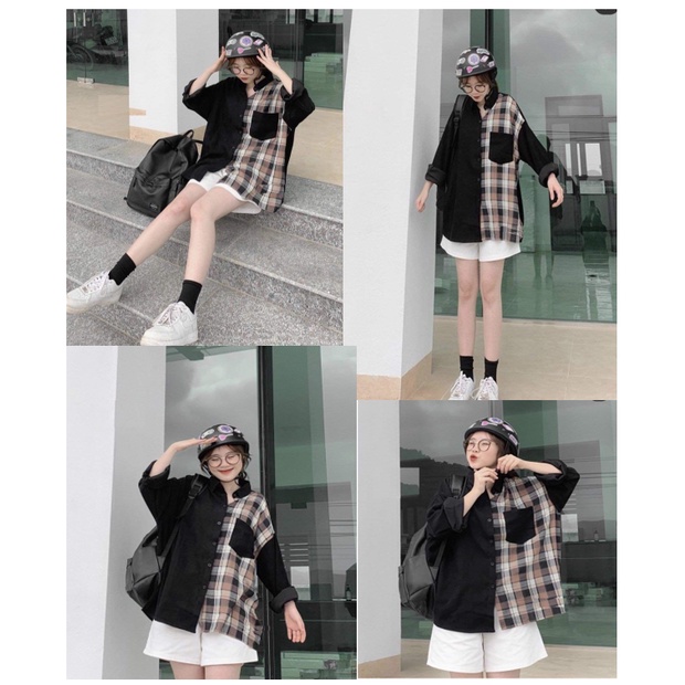 Áo Sơ Mi Phối Caro Kẻ Nâu 🌸 Trắng Đen Thun dài tay form rộng phong cách đường phố vintage cá tính Ulzzang 🌸
