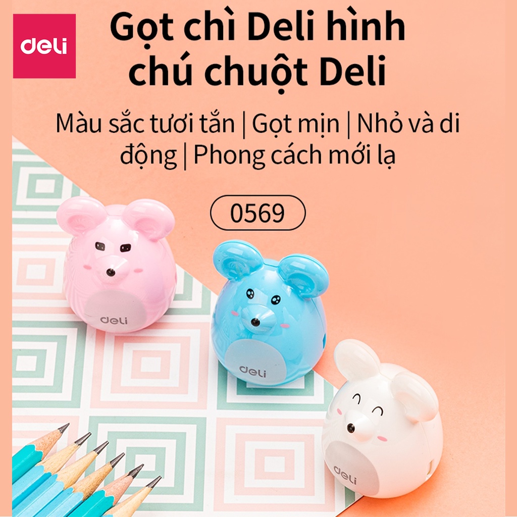 [Mã LIFEDELI20K5 giảm 20K đơn 0Đ] Gọt chì mini Deli - Hình chú chuột - Trắng/Xanh dương/Hồng - 1 chiếc - 569