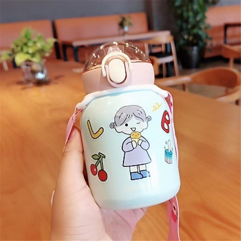 Bình nước giữ nhiệt inox 304 kèm sticker xinh xắn dung tích 350ml