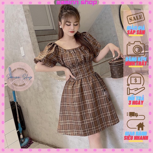Váy caro nâu tay bồng SAMINN, đầm babydoll trắng ulzzang 2 dây tay dài, váy caro dài xanh cổ vuông SS21
