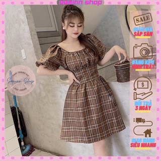 Váy caro nâu tay bồng SAMINN, đầm babydoll trắng ulzzang 2 dây tay dài, váy caro dài xanh cổ vuông SS21