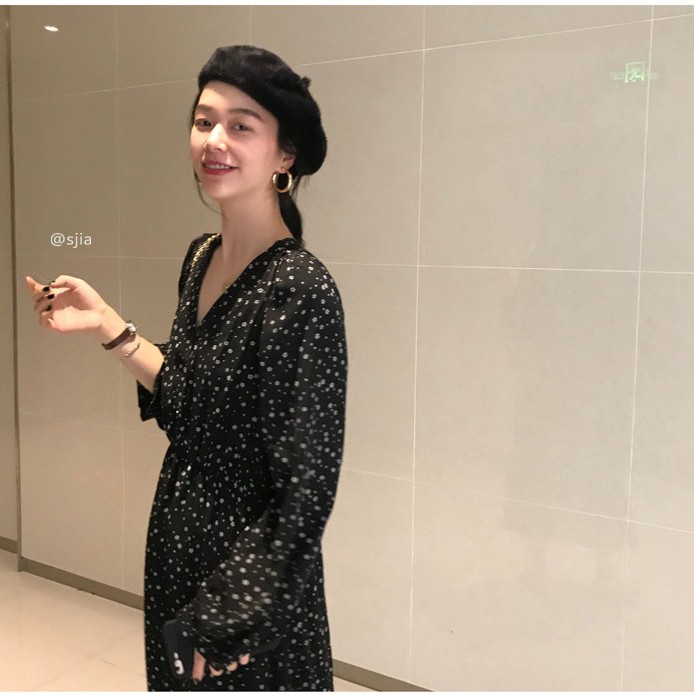Xiaozhainv Đầm dài tay cổ V họa tiết thời trang phong cách Hàn Quốc xinh xắn | BigBuy360 - bigbuy360.vn