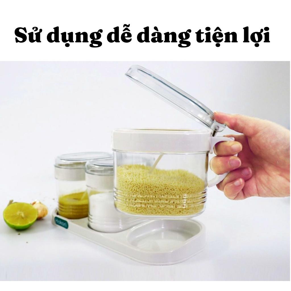 Bộ 3 hũ đựng gia vị nhựa hình vuông có nắp đậy kèm thìa muỗng tiện lợi