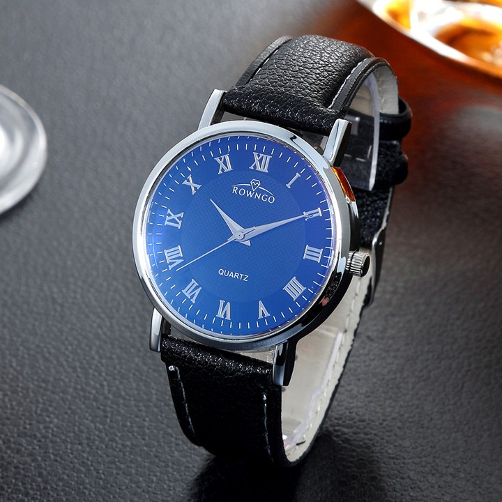 Đồng hồ Unisex Rowngo mặt xanh dây da đen cao cấp SP630