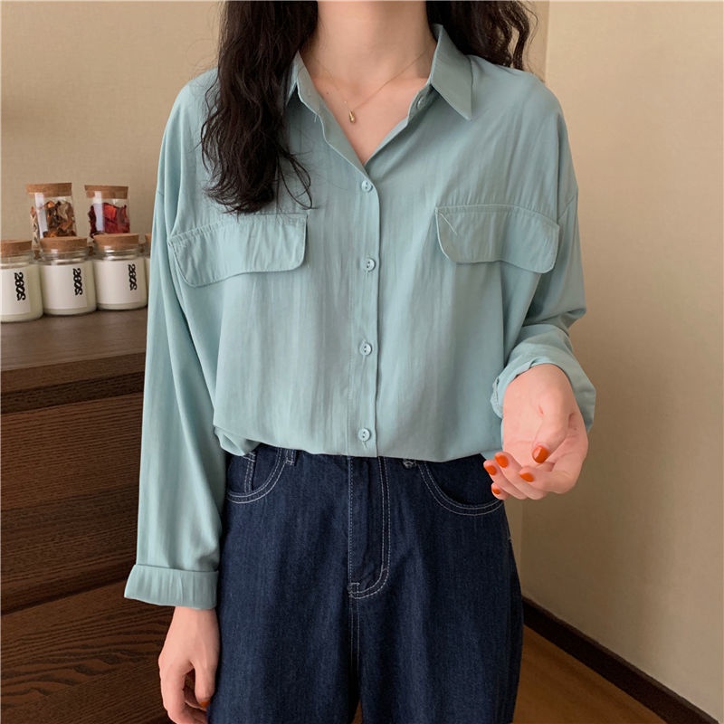 Áo Sơ Mi Nữ Dài Tay Cổ Bẻ Form Rộng Màu Trơn Thời Trang Hàn