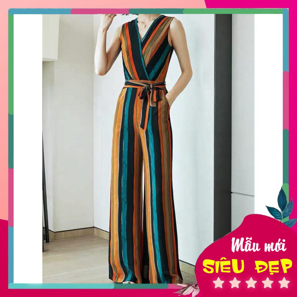 JUMPSUIT SỌC NỮ TÍNH DÁNG DÀI KIỂU | JUMPSUIT CỔ ĐẮP CHÉO IN SỌC NHIỀU MÀU CỘT EO 3245