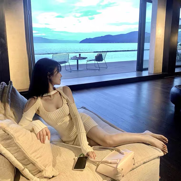 SUXI Đầm dệt kim tay dài kiểu dáng trễ vai gợi cảm