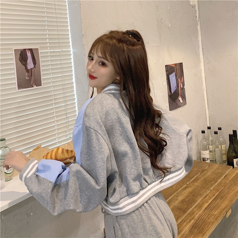 Mới Áo Khoác Bóng Chày Tay Dài Dáng Rộng Thêu Chữ Phối Màu Tương Phản Cá Tính