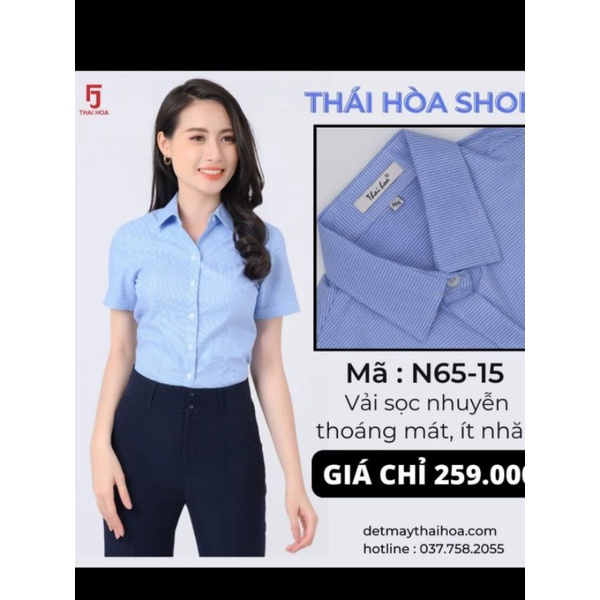 Áo sơ mi nữ Thái Hòa sọc caro màu xanh dương đậm
