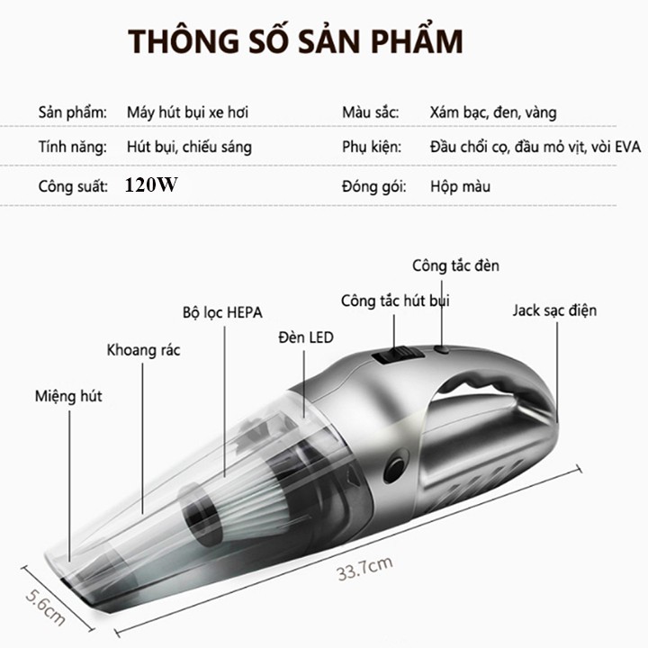 Máy Hút Bụi Không Dây 6052 Dùng Trên Ô tô và Gia Đình Sạc Pin Cáp USB