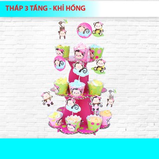 Tháp 3 tầng để bánh cupcake khỉ hồng