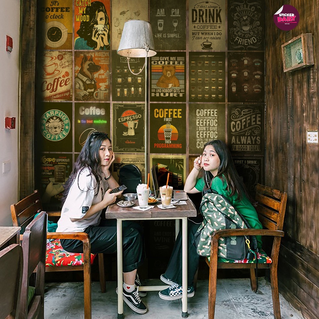 Set decal dán tường Coffe Vintage, Decal decor phòng ngủ, số lượng 24,50 tấm, tranh decal trang trí phòng mỗi tấm khổ A5