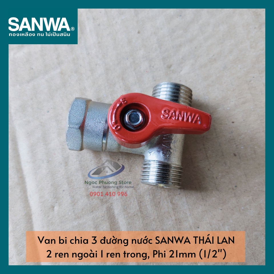 Van khóa, van bi Sanwa chia 3 đường nước, 2 đầu ren ngoài 1 đầu ren trong 1/2"  BV15MFM
