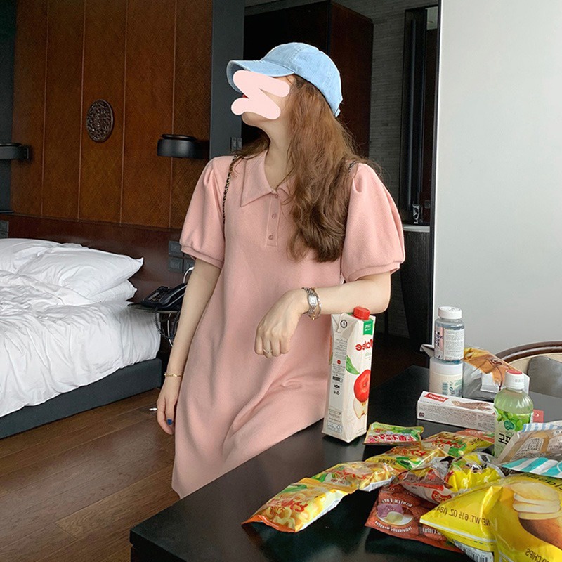 Đầm polo ZHELIHANGFEI ngắn tay dáng rộng họa tiết sọc xinh xắn dành cho nữ