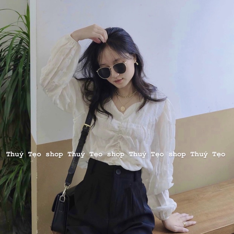 [CÓ SĂN] Áo chun nhún ngực DÀI TAY - Áo kiểu nữ nhún ngực tiểu thư