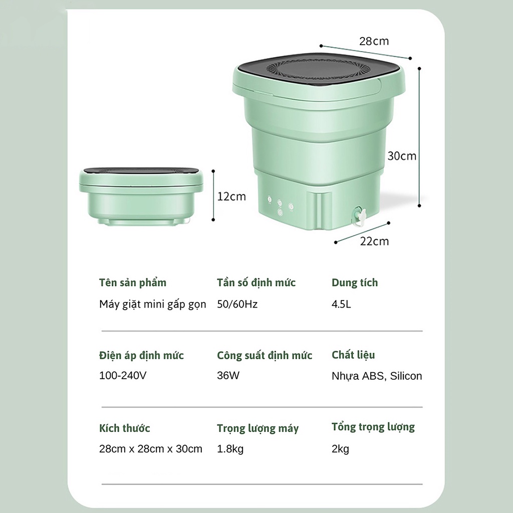 Máy Giặt Mini Gấp Gọn Di Động Vắt Khô Khử Khuẩn Bằng Ánh Sáng Xanh Đèn Rọi Ray Asaki, Máy Giặt Đồ Vắt Quần Áo Thông Minh