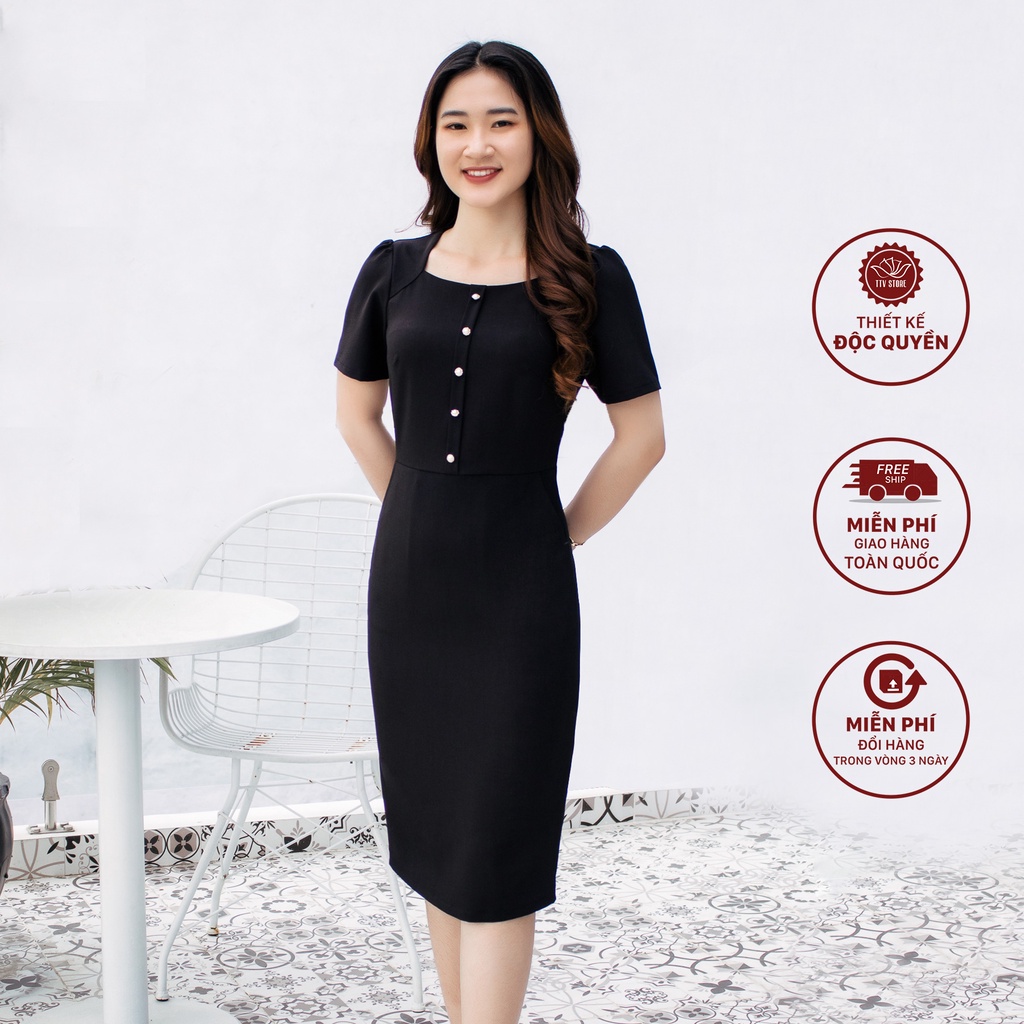 Đầm công sở dáng ôm thiết kế form đầm trung niên cổ vuông phối nút màu đen - TTV806 TTV Store