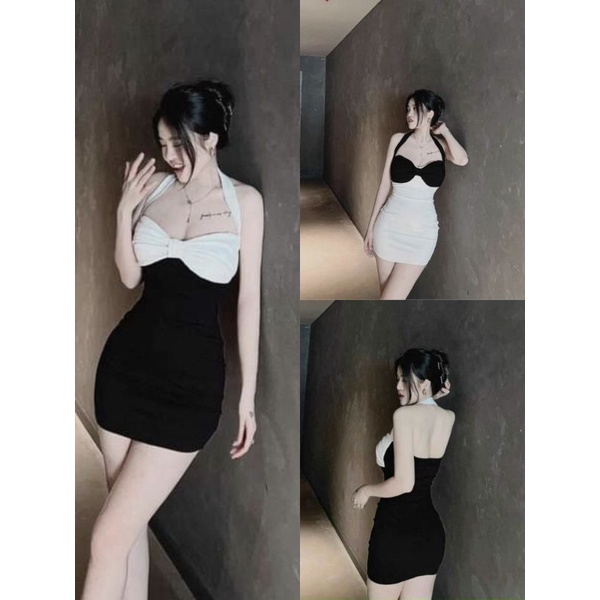 Đầm Nơ Ngực Cúp - Có Mút Ngực - Choàng Cổ Yếm Hở Lưng Sexy - Thun Gân Xương Cá - Dáng Ngắn Form Ôm Body - Phối 2 Màu