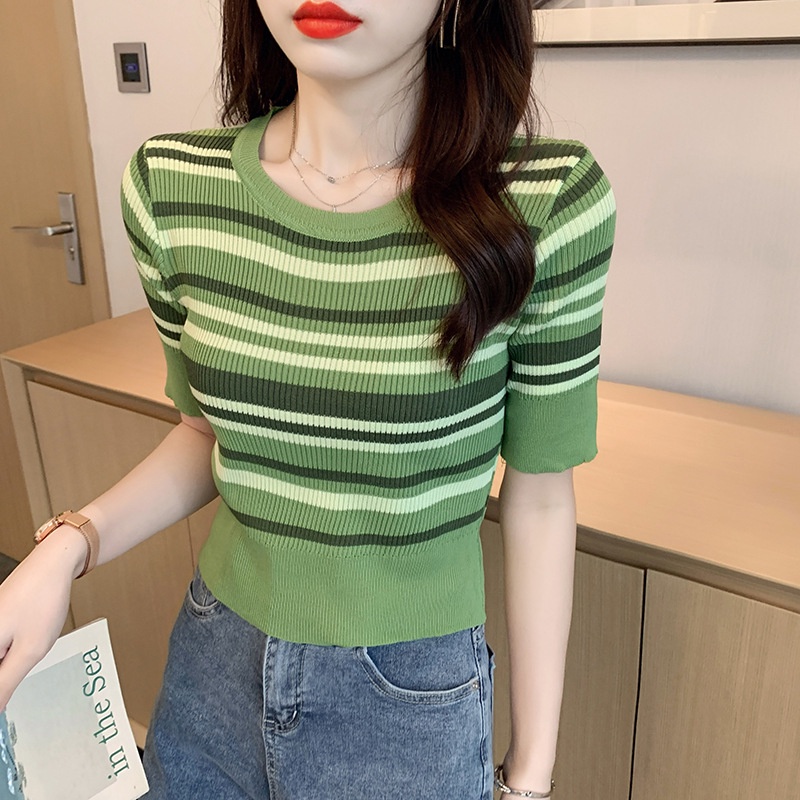 Áo Thun Dệt Kim Ngắn Tay Cổ Tròn Họa Tiết Kẻ Sọc Phong Cách Retro Cho Nữ