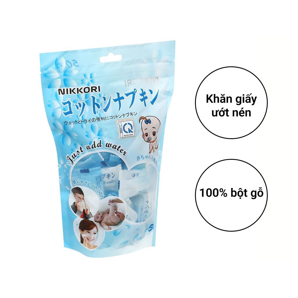 Khăn mặt nén Nikkori 100% bột gỗ tự nhiên an toàn cho trẻ sơ sinh tiện lợi đi du lịch