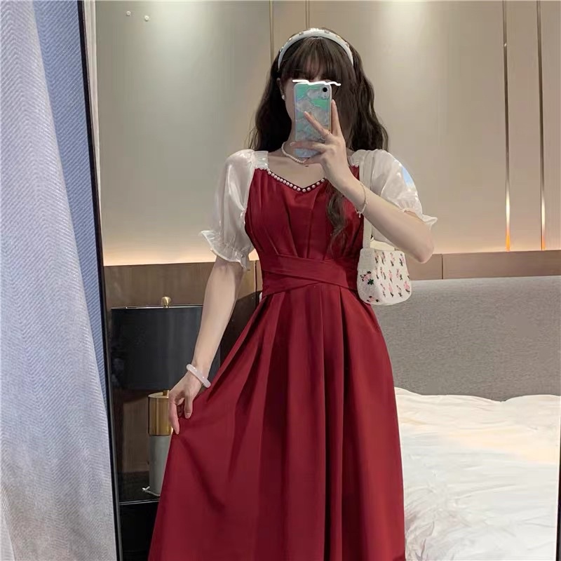 Đầm Maxi Tay Bồng Ngắn Tay Đính Viền Ngọc Dây Đan Eo Cực Đẹp